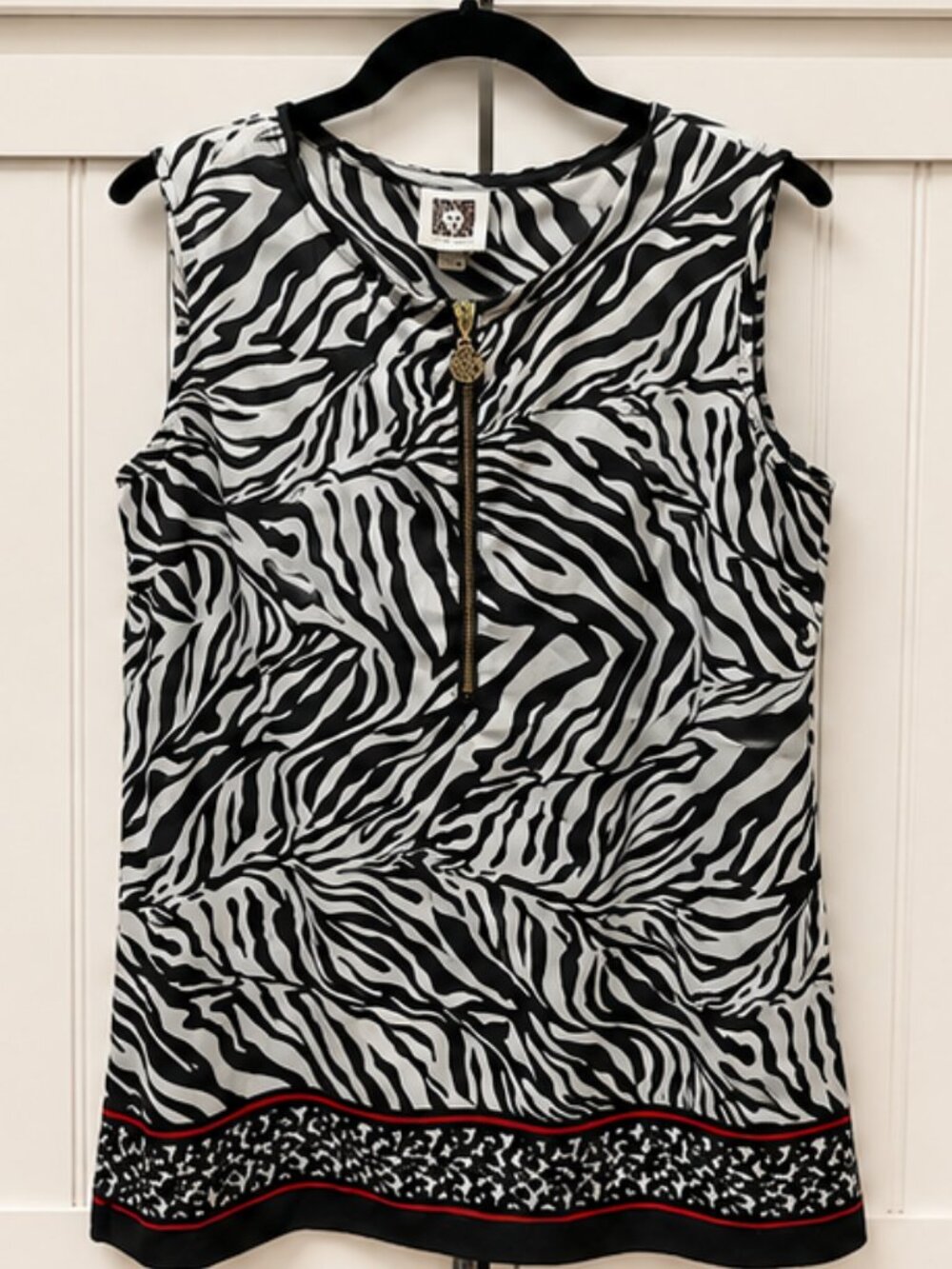 Anne Klein Zebra Print Sleeveless Career Blouse Gold Zip Front Women Size Medium
